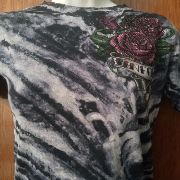 Sinful Black /White Print With Pink Roses and Skull Small Size Stretchy - Picture 9 of 14